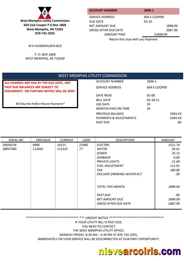 USA Arkansas West Memphis utility bill